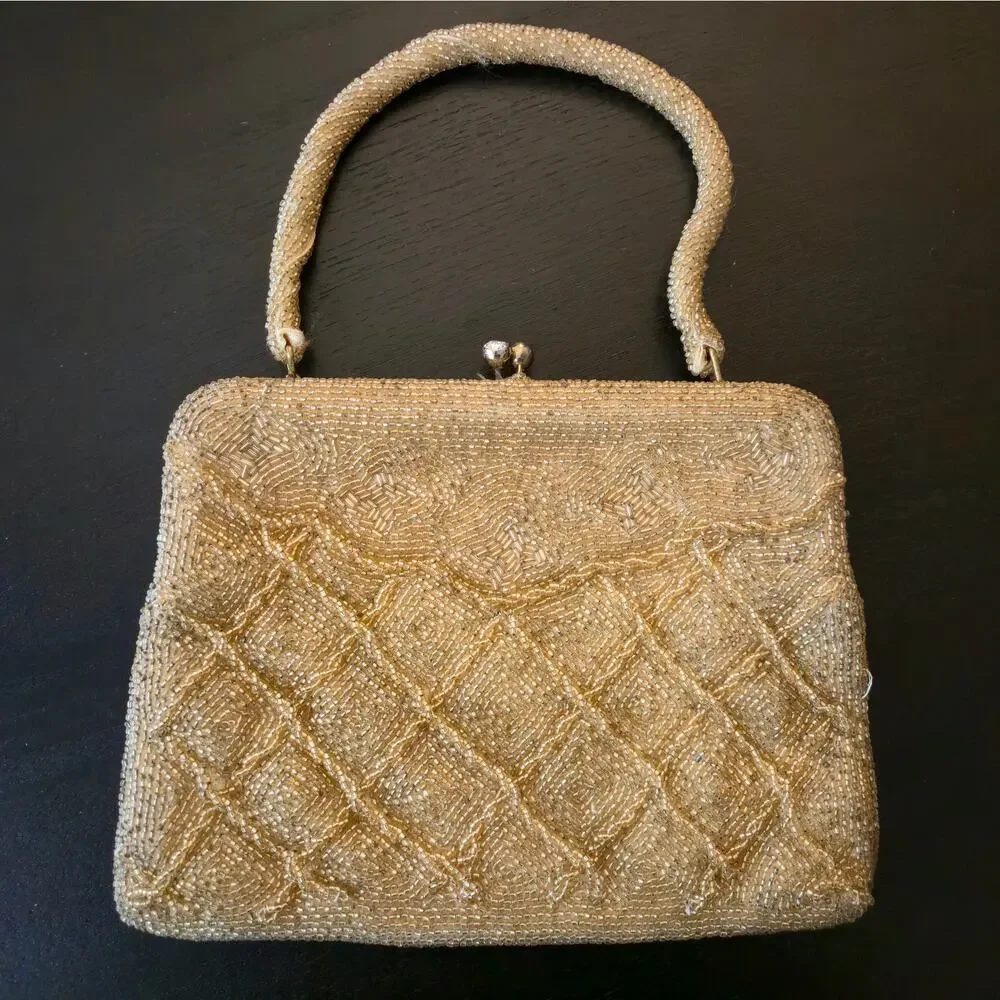 Vintage Black Tie Formal Kiss Lock Beaded Mini Clutch Purse Yellow Gold Handle